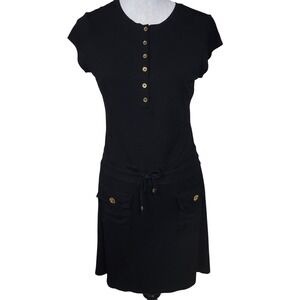 Chelsea & Theodore Knit Dress Medium Black Gold Button Details‎ Drawstring Waist